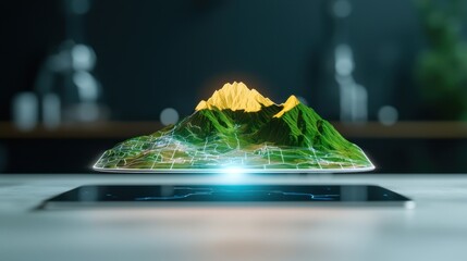 Poster - Survey Mapping Exploration Concept, Futuristic Holographic Display of 3D Terrain Map with Vivid Mountain Features and Detailed Geographic Visualization