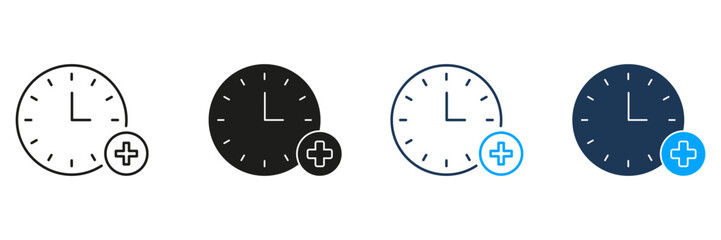 Fototapete - Clock With Plus Sign Line And Solid Icon Set. Time Management, Scheduling, And Appointment Addition Symbol Collection. Efficient Planning And Organization. Isolated Vector Illustration