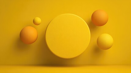 Poster - Abstract composition of floating spheres and a circular shape in a vibrant yellow background, showcasing minimalism and modern design aesthetics for creative projects