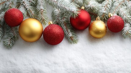 Poster - Elegant Display of Christmas Ornaments on Snowy Surface Surrounded by Fresh Pine Branches, Celebrating the Festive Spirit of the Holiday Season