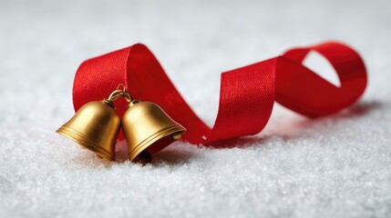 Poster - Festive Gold Bells with Red Ribbon on Snowy Background, Perfect for Holiday and Winter Celebrations, Decorations, and Seasonal Greetings