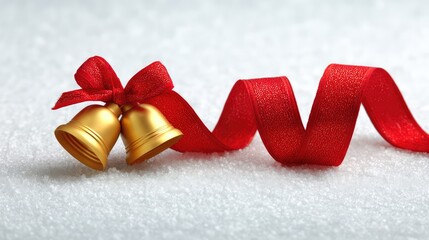 Poster - Golden Christmas Bells with a Red Ribbon on a Snowy Background Creating a Festive and Joyous Holiday Atmosphere for Seasonal Celebrations and Decorations