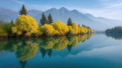 Poster - Serene Autumn Landscape with Majestic Mountains, Tranquil Lake, and Vibrant Yellow Trees Reflecting in Crystal Clear Water Under a Blue Sky