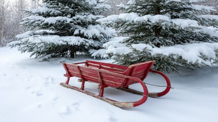 Poster - Vintage Red Sleigh in Snowy Landscape Surrounded by Evergreen Trees, Capturing the Essence of Winter Magic and Nostalgic Christmas Memories in a Serene Setting
