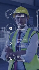 Poster - Animation of icons and digital data processing over caucasian man working in warehouse