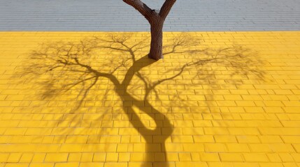 Poster - A Solitary Tree Casting a Bold Shadow on a Bright Yellow Wall Surfaces, Highlighting Natural Beauty and Artistic Contrast in Urban Landscapes