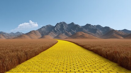 Poster - A Vibrant Yellow Brick Road Leading Through a Golden Landscape with Majestic Mountains in the Background Under a Clear Blue Sky