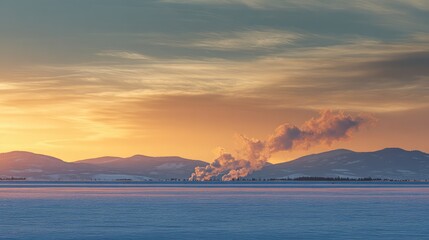 Poster - Breathtaking Sunset over Frozen Landscape with Steam Rising from the Mountains, Capturing the Tranquility of Winter in a Remote Wilderness