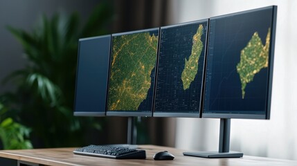 Poster - Survey Mapping Exploration Concept, Multi-monitor setup displaying detailed geological maps on large screens in a modern workspace environment