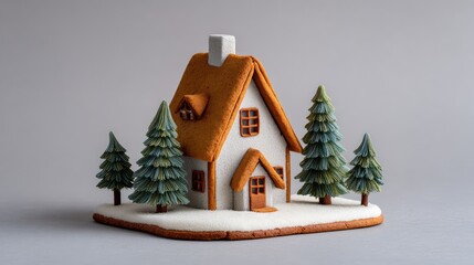 Poster - Charming Gingerbread House with Decorative Trees Surrounded by Snowy Ground, Perfect for Holiday Themes and Festive Celebrations in a Cozy Atmosphere