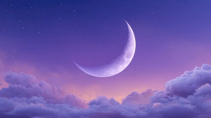 Poster - Serene Twilight Sky Featuring a Glistening Crescent Moon Above Soft Cloud Layers with a Beautiful Gradient of Purple and Pink Hues Creating a Peaceful Atmosphere