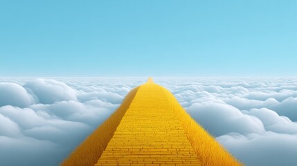 Poster - Surreal Yellow Brick Road in the Sky Over Soft White Clouds Leading to an Infinite Horizon Under a Clear Blue Sky, Symbolizing Dreams and New Adventures