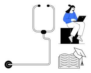Aufkleber - laptop-using learner seated on a block, open book with graduation cap, network cable. ideal for remo