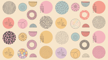 Poster - An abstract pattern featuring circles and semi circles with various designs on a beige background