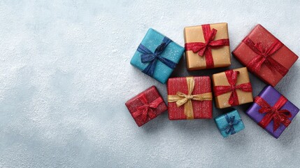 Poster - Colorful and Festive Wrapped Gifts on a Light Background Creating a Cheerful Atmosphere for Holiday Celebrations and Special Occasions