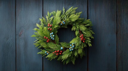 Poster - Festive Evergreen Wreath with Red and Blue Berries on Dark Wooden Background, Perfect for Holiday Decorations and Seasonal Celebrations