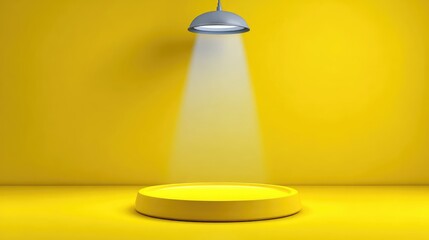 Poster - Bright Yellow Studio Scene with Circular Platform Under Spotlight Creating a Vibrant and Energetic Atmosphere Perfect for Creative Projects and Modern Design