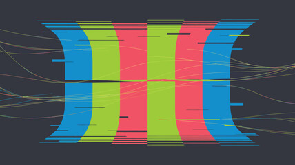 Poster - Abstract graphic design featuring curved colored bars with horizontal lines and flowing strands