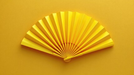 Poster - Bright Yellow Paper Fan Spread Open on a Solid Yellow Background, Perfect for Summer Decor, Fashion, or Artistic Presentations