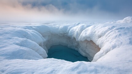 Poster - Stunning Frozen Landscape: An Icy Crevice with Deep Blue Water in the Heart of the Snowy Terrain Under a Misty Sky