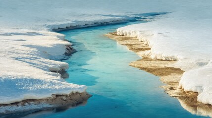 Poster - Serene Glacial Landscape with Melting Ice and Crystal Clear Water Flowing through a Narrow Channel in a Winter Wonderland Scene