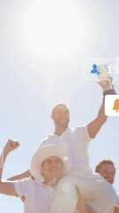 Poster - Animation of social media icons with growing numbers over diverse male cricket players celebrating