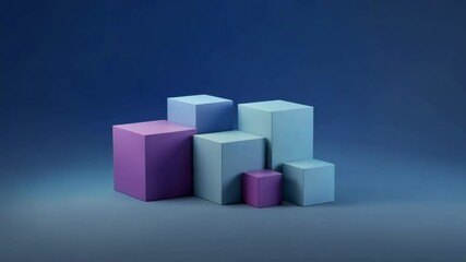 Poster - A group of blue and purple cubes of varying sizes arranged as a modern geometric display podium against a blue background