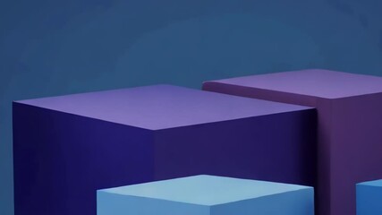 Poster - A collection of blue and purple cubes of different sizes are arranged as a geometric podium against a dark blue background