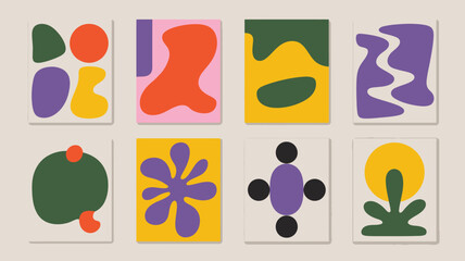 Poster - Eight square art pieces featuring abstract shapes and colors in a grid arrangement on a light background