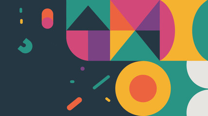 Poster - Abstract geometric design featuring circles triangles squares and various vibrant colors on a dark background
