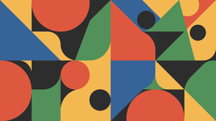 Poster - Colorful geometric pattern with circles triangles and squares in a repeating symmetrical design