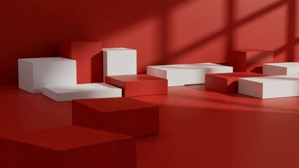 Poster - A red and white podium display with geometric shapes and shadows presents a modern product stand