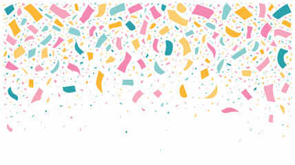Poster - A colorful confetti explosion with pink, yellow, and teal pieces falling on a white background
