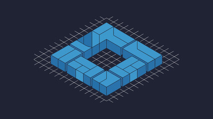 Poster - Isometric view of blue blocks arranged in a square shape on a grid against a dark blue background