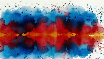 Poster - A vibrant watercolor painting features a symmetrical arrangement of blue, red, and orange hues, creating an abstract and artistic background texture