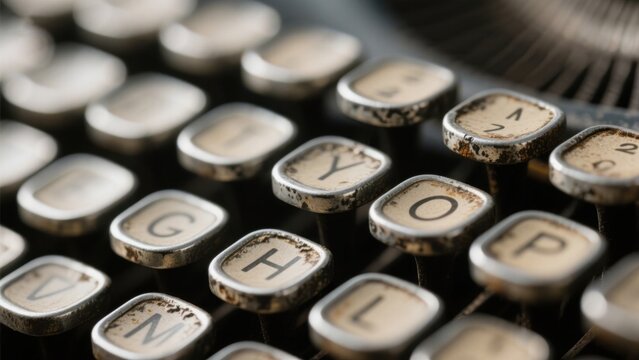 Macro Shot of Vintage Typewriter Keys Depicting a Close-Up of the QWERTY Layout with Emphasis on Letters and Numbers Showing Signs of Wear and Tear Indicating History and Craftsmanship .