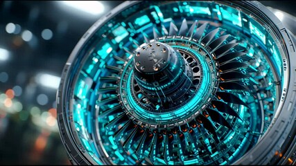 Poster - Jet Engine Close-Up: Detailed perspective of a jet engine, showcasing its intricate internal mechanisms and technological design, bathed in futuristic illumination.