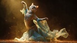 A magical cat dressed in a stylish belly dance costume, dancing with graceful movements. Her outfit features sequins, colorful tulle, and a flowing skirt. 