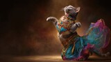 A magical cat dressed in a stylish belly dance costume, dancing with graceful movements. Her outfit features sequins, colorful tulle, and a flowing skirt.