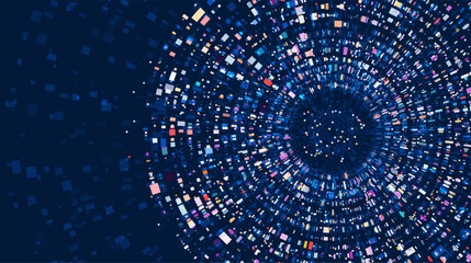 Poster - A vibrant burst of data particles forming a pixel tunnel in motion, illustrating information flow, innovation, and cyber communication in a futuristic concept.