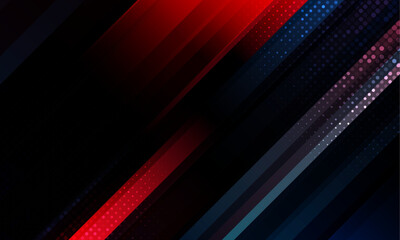 Poster - Futuristic dark diagonal lines blend with red and blue halftone patterns to create a dramatic high-tech comic-style background.