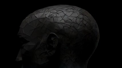 Poster - A low poly geometric face rendered in dark tones against a black background, creating an abstract portrait