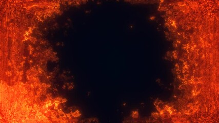 Poster - Abstract glowing fiery frame with a dark center, resembling a digital energy portal or a burning vortex