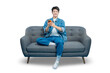 © STOCK88PHOTOGRAPHER - Asian man sits on a sofa and smiles at his smartphone, enjoying Browse social media or texting with friends , PNG