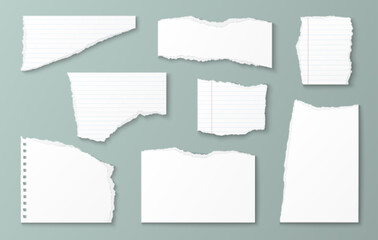 Poster - Realistic torn paper pieces - white notebook sheets with ripped edges, line grid and blank scraps. Scrapbook elements with various tear patterns for collage projects, journaling or craft designs.