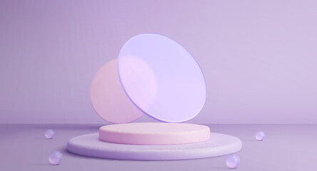 Poster - 3d podium display with glass decoration - pastel purple and pink platform with frosted transparent circles backdrop. Minimalist product showcase stage with soft gradient lighting and scattered spheres