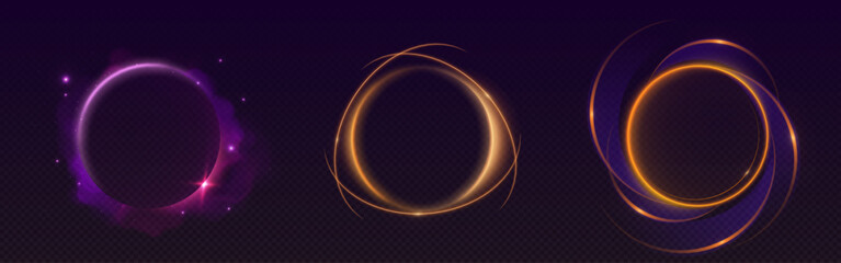 Poster - Abstract neon halo rings with light trails - purple glowing circle, golden orbital loops and blue energy spirals on dark background. Luminous frames for futuristic design, motion graphics interfaces.