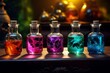 © juliars - Colorful liquids swirl inside glass bottles under warm light