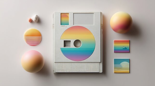 Vintage computer technology aesthetic with vibrant rainbow gradients and geometric shapes