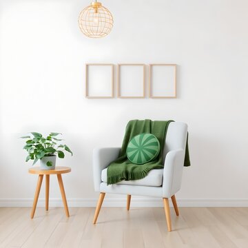 Poster mockup with three frames on empty white wall in living room interior with gray velvet armchair, round pillow with tropical pattern, green plaid and plant in basket. 3D rendering.